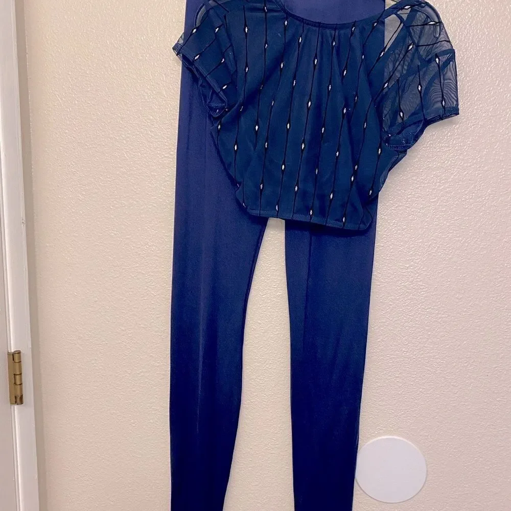 Kelle dance 2 piece blue mesh flocked crop top leggings pants light switch MA